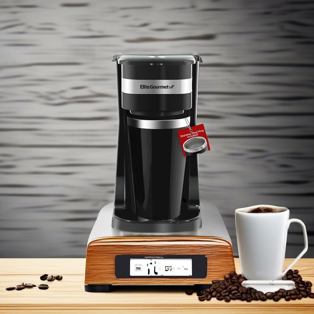 Elite Gourmet EHC113 Personal Single-Serve Compact Coffee Maker Brewer Includes 14Oz. Stainless Steel Interior Thermal Travel Mug, Compatible with Coffee Grounds, Reusable Filter, Black Elite Gourmet