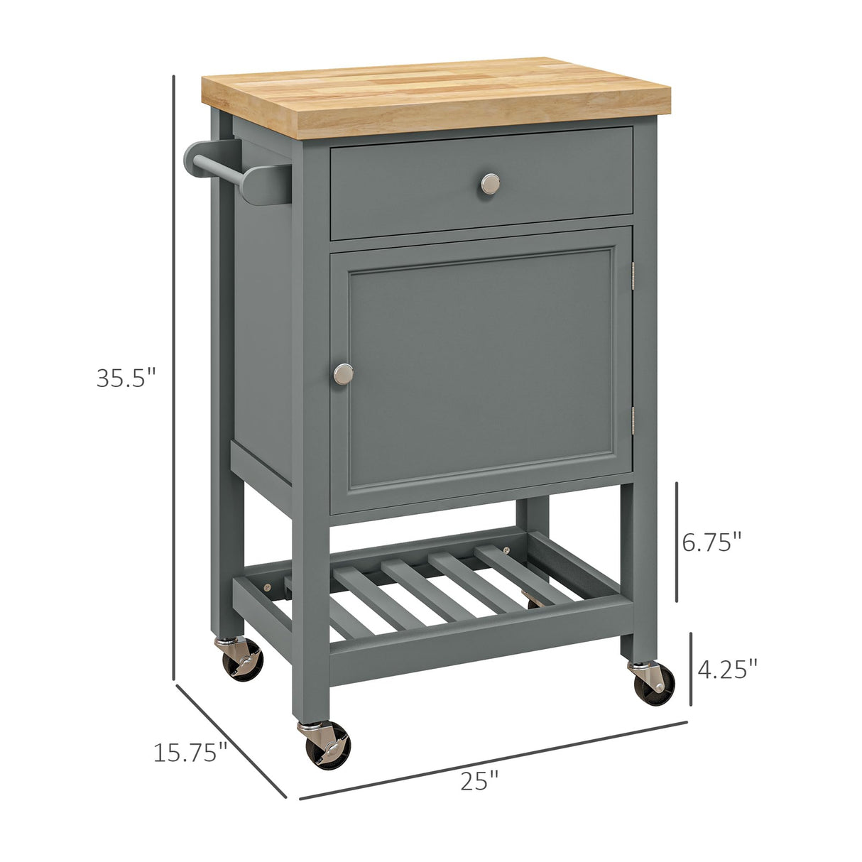HOMCOM Utility Kitchen Cart, Rolling Kitchen Island with Smooth Rubberwood Top, Narrow Butcher Block Surface on Wheels with Storage Drawer & Cabinet, Gray HOMCOM