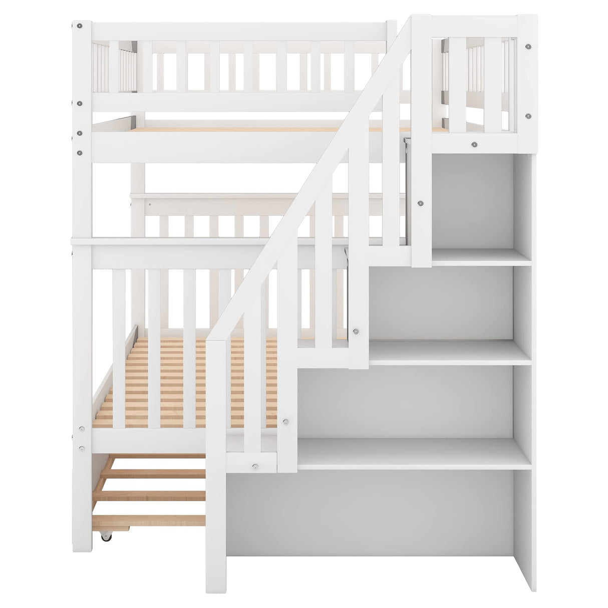 BIADNBZ Full Over Full Bunk Bed with Trundle and Storage Staircase, Solid Wood Bunkbeds can be Divided into 2 Platform Bedframes, for Kids Teens Adults Bedroom, White BIADNBZ