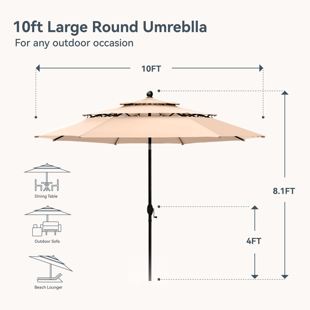 PHI VILLA 10ft Patio Umbrellas, Outdoor 3 Tier Vented Large Market Table Umbrella with 8 Sturdy Ribs and 1.5" Umbrellla Pole for Lawn Poolside Garden Terrace, Beige(No Base) PHI VILLA