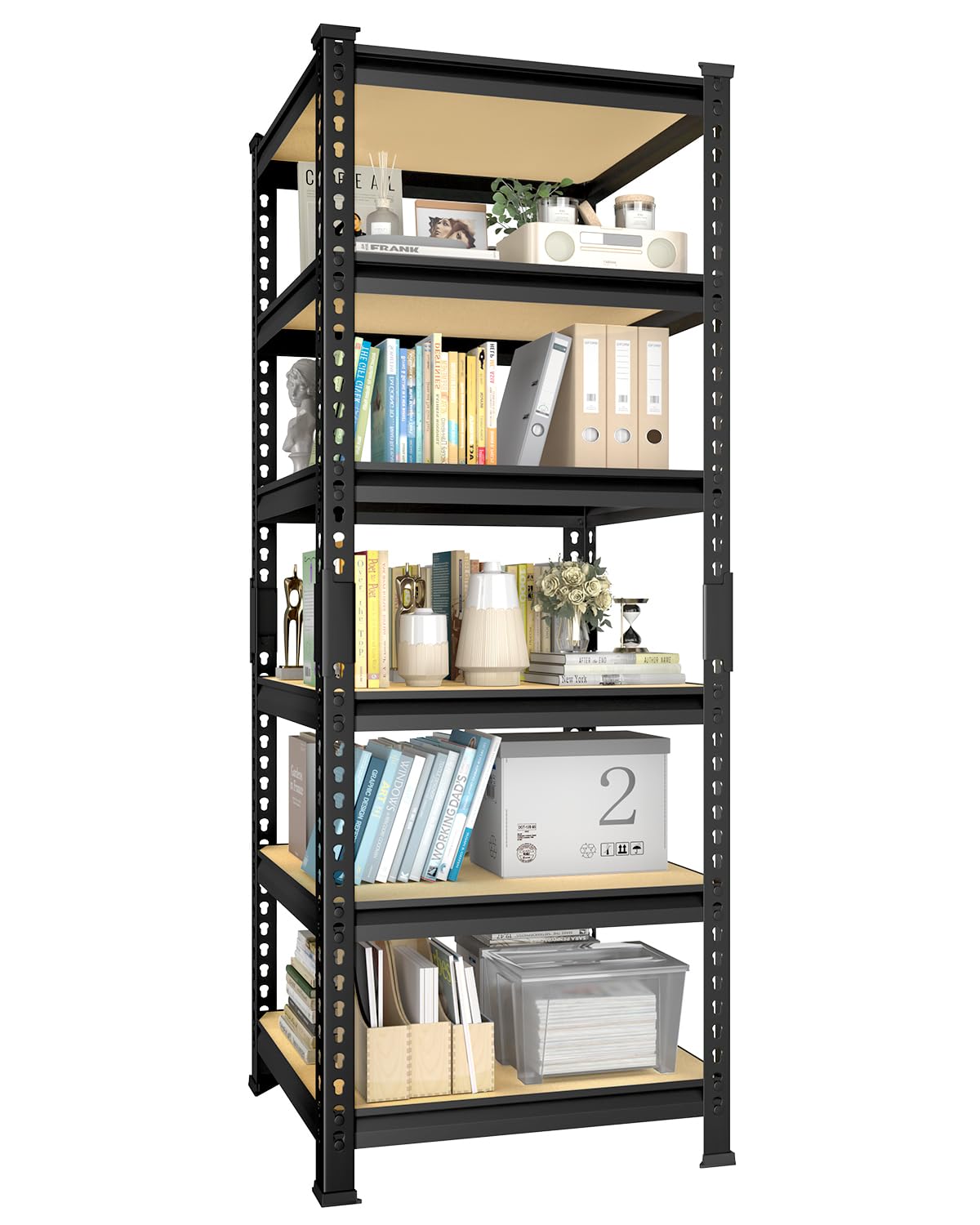 PrimeZone 6-Tier Adjustable Tall Book Shelf - Narrow Bookcase for Small Space, Open Wooden Bookshelf, Display Square Shelf for Living Room, Bedroom, Sturdy, Office, 16" W x 16" D x 72" H, Black PrimeZone