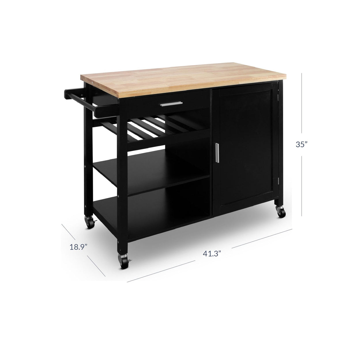 BELLEZE Modern Rolling Kitchen Island Utility Cart with a Drawer, Storage Cabinet, Handle Towel Rack, Rubber Wood Top, and Caster Wheels - Sonoma (Black) BELLEZE