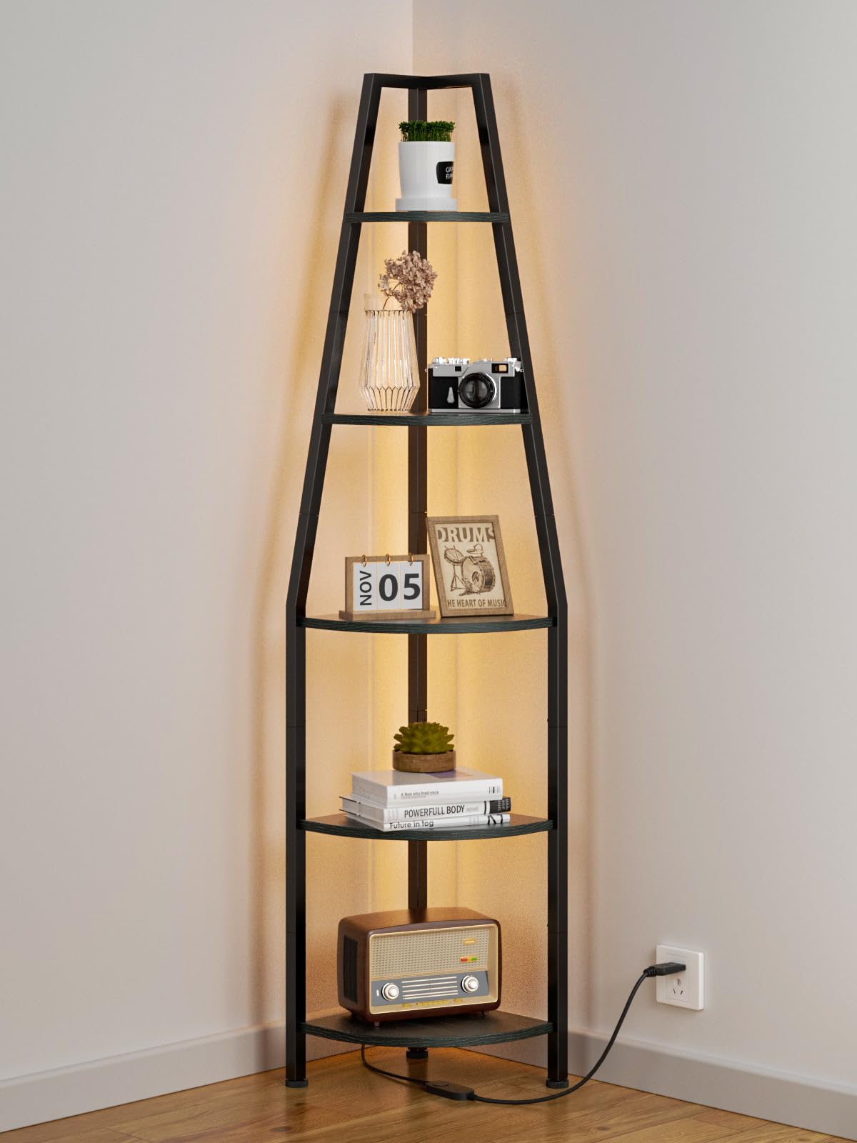 Furnulem 5 Tier Corner Shelf with LED Light, 67.2” Tall Standing Shelf for Wall Corner, Narrow Bookshelf Ladder Shelf for Bedroom, Living Room, Plant, Wood Storage Rack, Metal Frame (Black Oak) Furnulem
