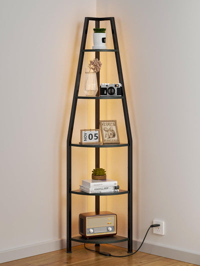 Furnulem 5 Tier Corner Shelf with LED Light, 67.2” Tall Standing Shelf for Wall Corner, Narrow Bookshelf Ladder Shelf for Bedroom, Living Room, Plant, Wood Storage Rack, Metal Frame (Black Oak)
