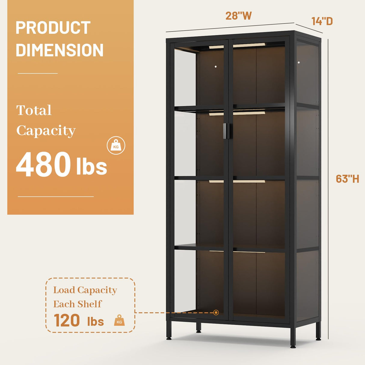 Eltean 63" H Glass Display Cabinet, 4 Tiers Curio Display Case with 3 Colors LED Sensor Light,Display Cabinet for Collectible with 3 Adjustable Shelves for Living Room, Bedroom, Office (63“H) Eltean