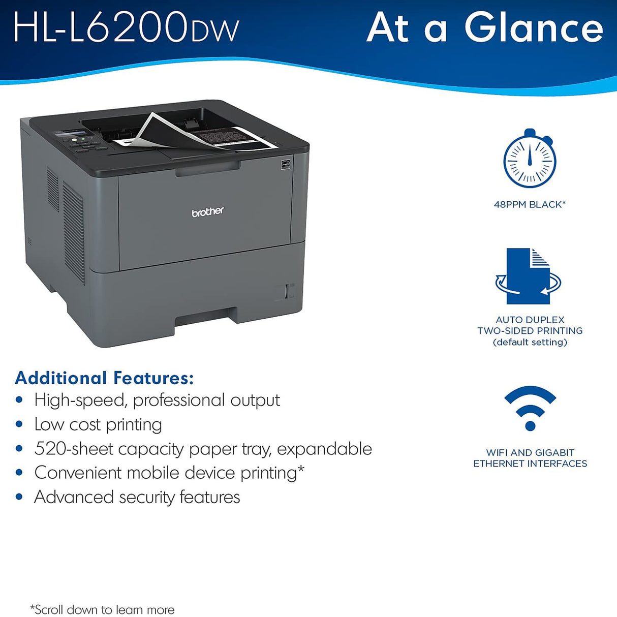 Brother HL-L6200DW Wireless Monochrome Single-Function Laser Printer - Print only - 48 ppm, 1200 x 1200 dpi, Auto Duplex Printing, 8.5" x 14", 256MB Memory, 520 Sheet, Ethernet Brother