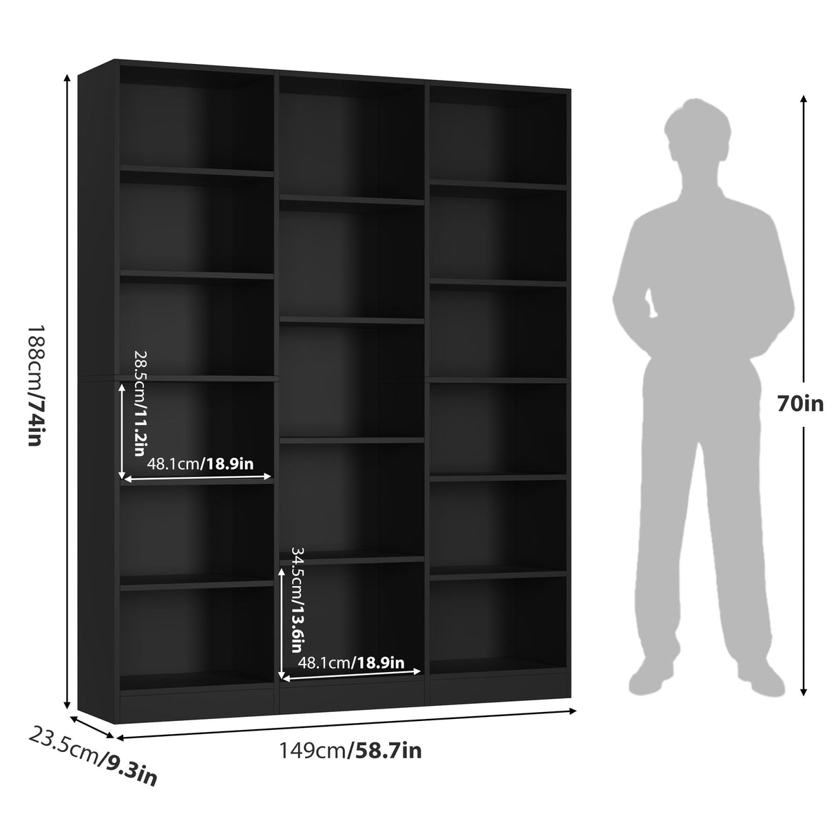 FACBOTALL Triple Wide Bookshelf, 6 Tier Large Bookshelf, Bookcase with 17 Open Display Shelves, 74'' Tall Bookcases and Bookshelves for Living Room, Home Office, Library, Black FACBOTALL