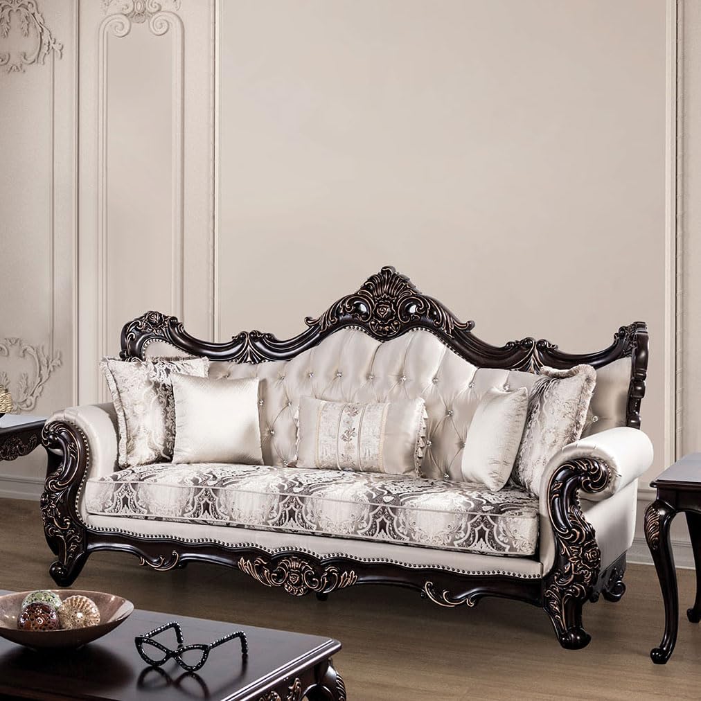 Furniture of America Zephyra Traditional Faux Leather Upholstered Sofa with Rolled Arm and Accent Pillows, Wooden Comfortable Couch for Living Room, Office, Bedroom, Dark Cherry/Beige Furniture of America