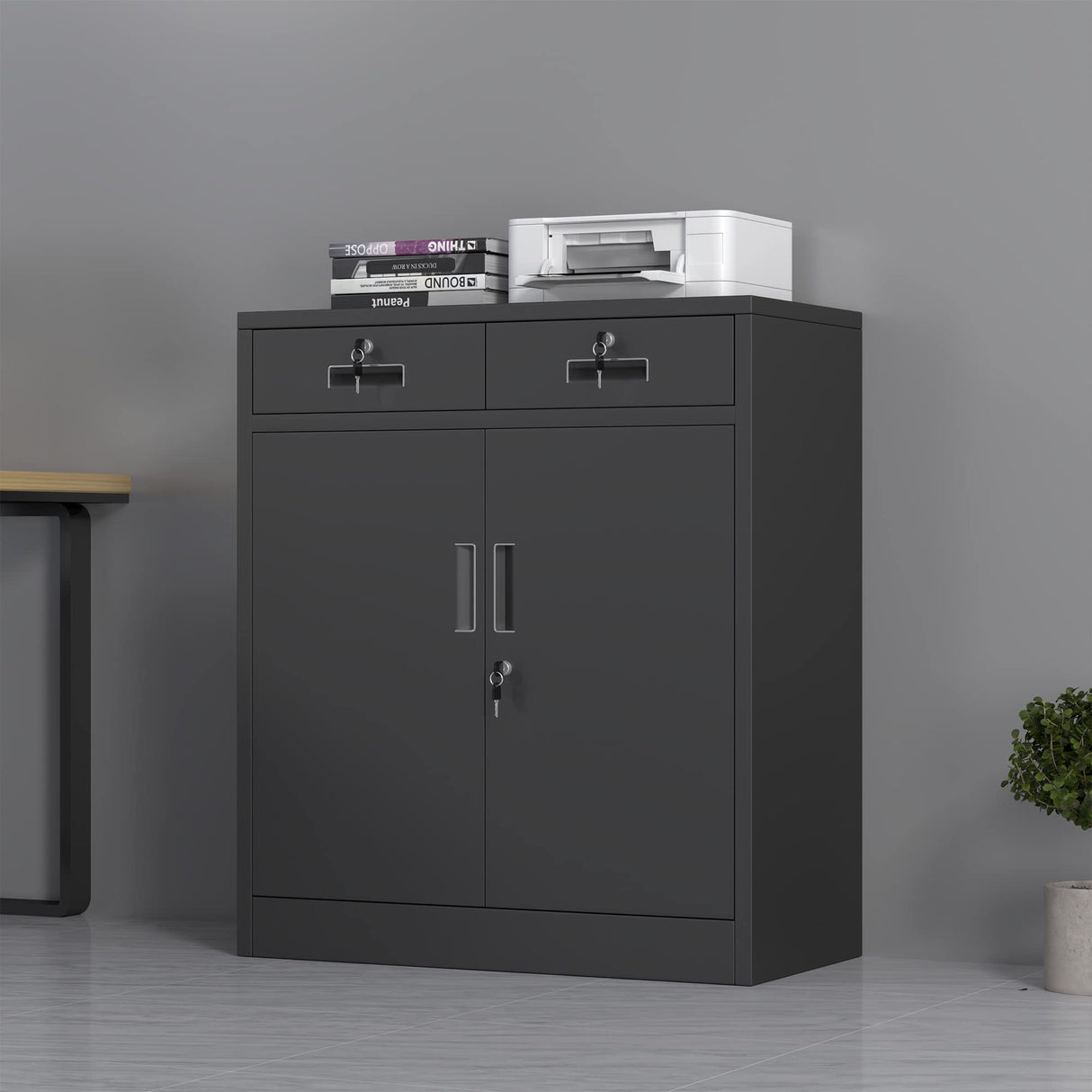 JINGUR Metal Storage Cabinet with Locking Doors and 2 Drawers, Lockable Storage Cabinets with Adjustable Shelf for Home Office and Garage (Black) JINGUR