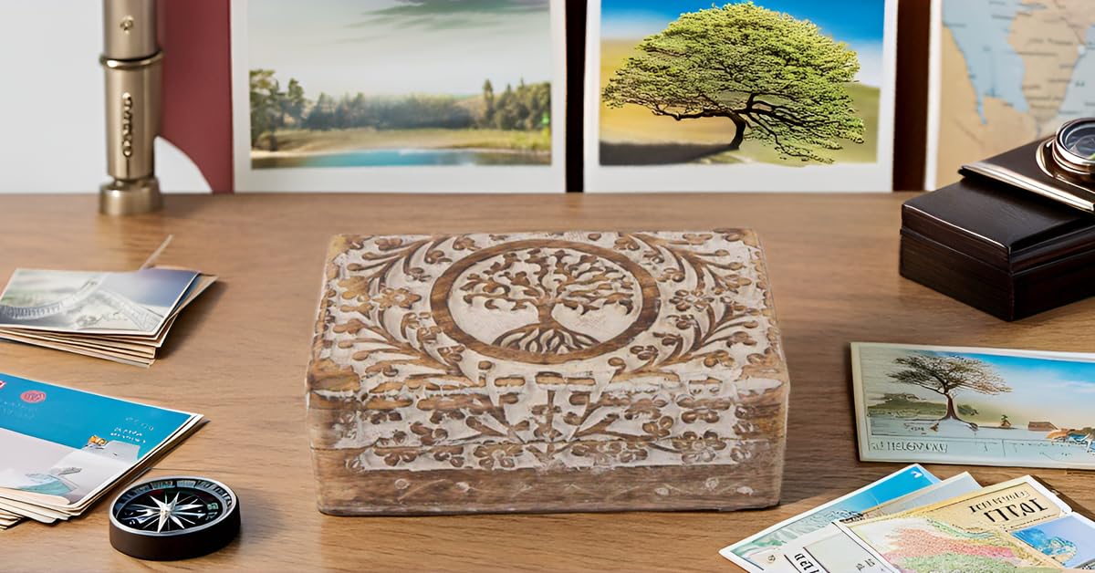 Great Birthday Gifts Handmade Decorative Wooden Jewelry Box Tree Of Life Carving Jewelry Organizer Keepsake Box Treasure Chest Trinket Holder Watch Box Storage Lock Box Housewarming Gifts The Great Indian Bazaar