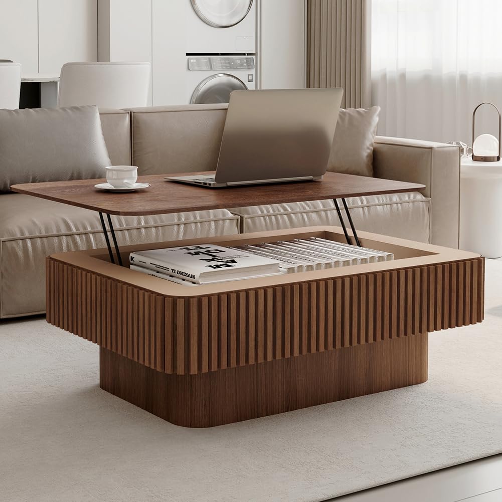 Lift Top Coffee Table with Storage for Living Room Mid Century Modern Coffee Table with Lifting Top Wood Fluted Coffee Tables with Lifts Up Tabletop for Home Apartment Office 38.6" Walnut Rectangle SPMETUYO