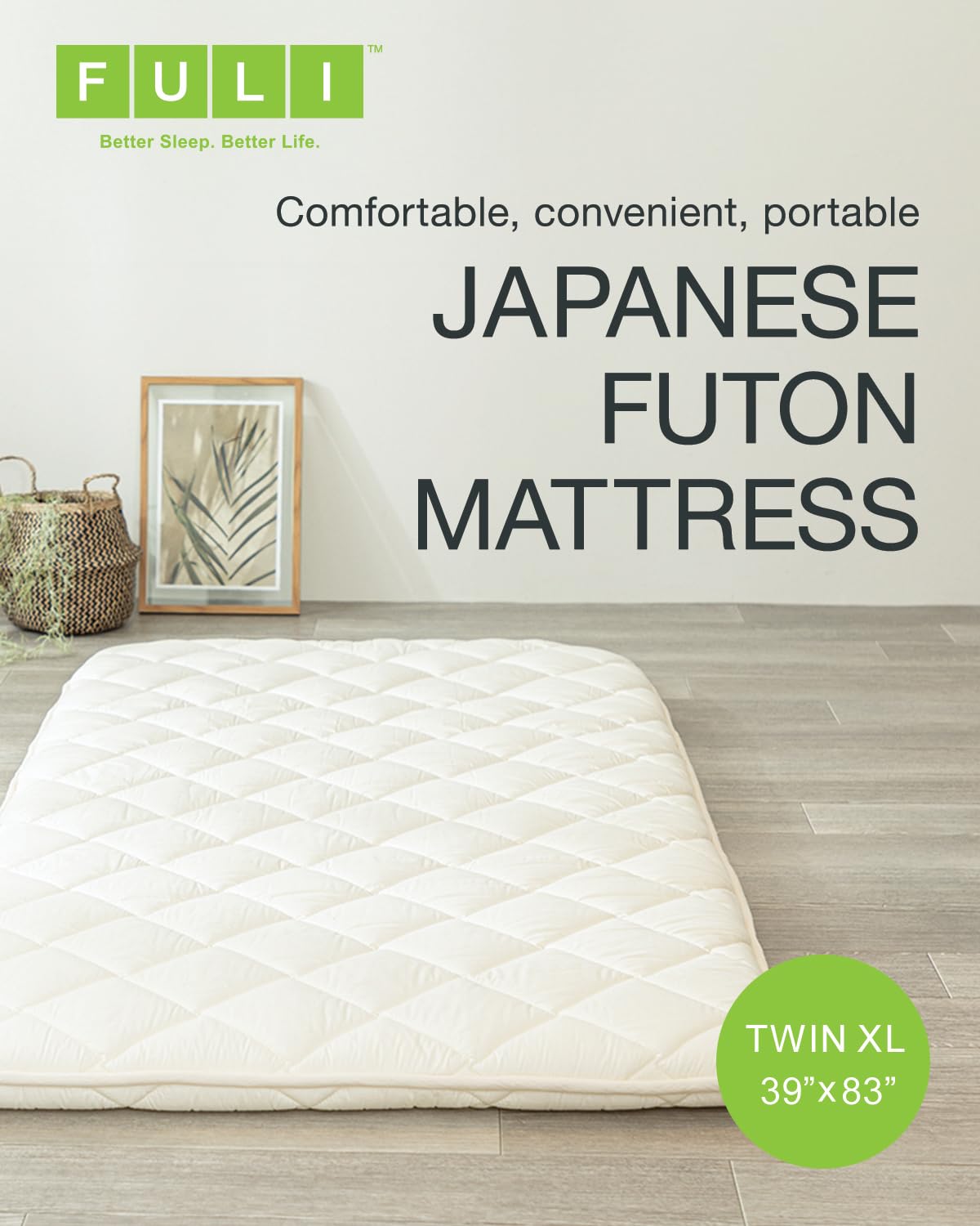 FULI Japanese Futon Mattress, Japanese Floor Mattress, Floor Bed, Tatami Foldable Bed, Roll Up Sleeping Pad, Shikibuton, Made in Japan (White, Twin XL) FULI