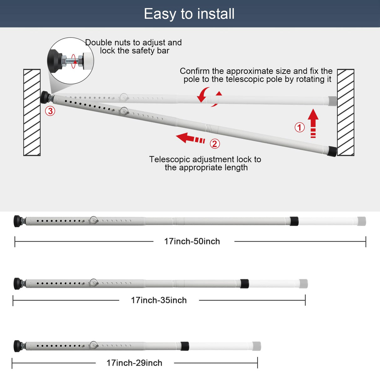 DIIG Sliding Door Security Bar,17.7-50.5inch Adjustable Locking Window Safety Bar with Rubber Tips,Diameter 1inch Window Security Bar for Home Apartment (White) DIIG