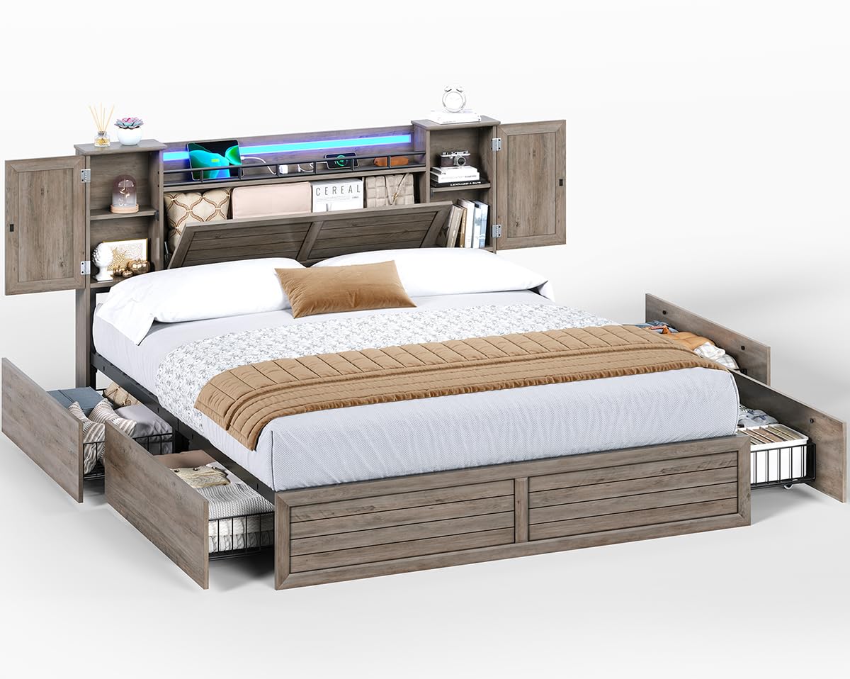 VIAGDO Farmhouse Full Size Bed Frame with Headboard and Double Barn Door Storage Cabinets, Rustic Wooden Bed Frame Full with Charging Station, 4 Drawers and LED Lights, No Box Spring Needed, Grey VIAGDO
