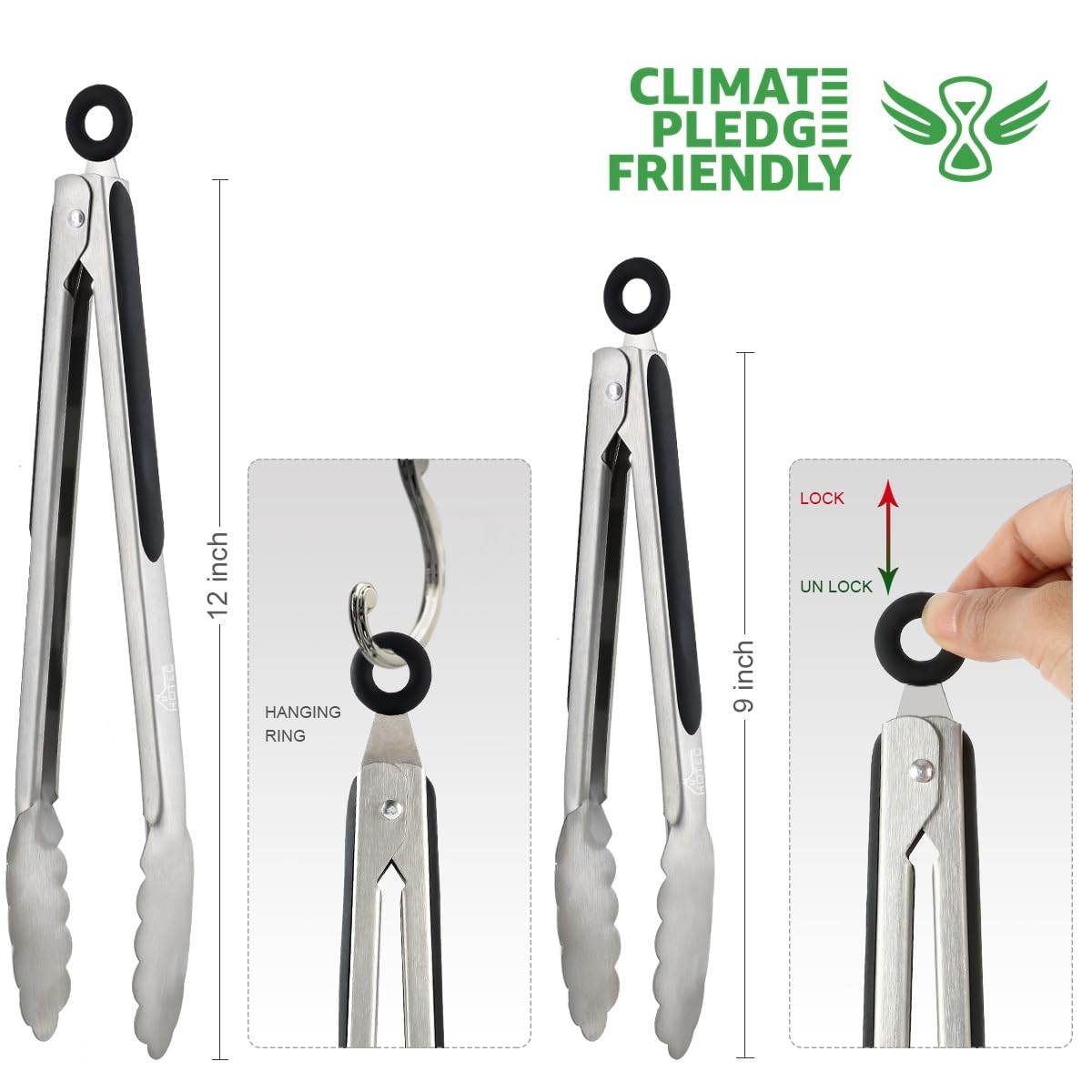 Hotec Stainless Steel Kitchen Tongs Set of 2 - 9" and 12", Locking Metal Food Tongs Non-Slip Grip HOTEC