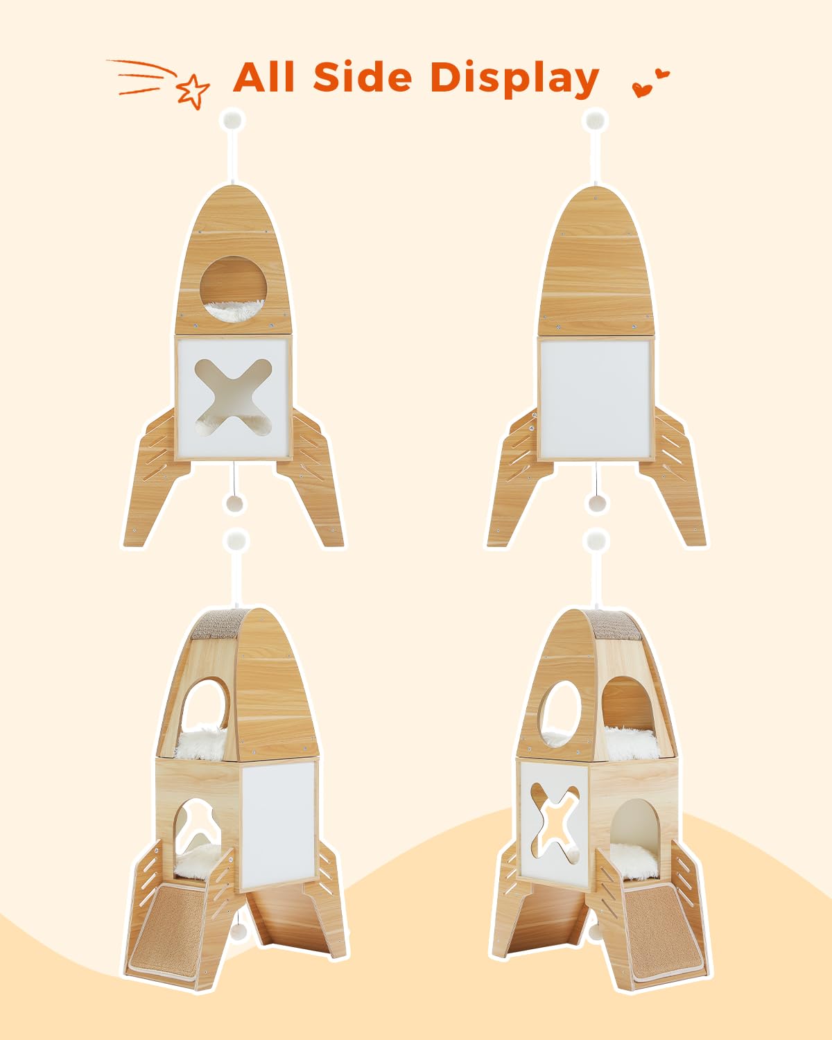 MUTTROS Modern Cat Tree Rocket Ship, Wood Cat Tower for Indoor Cats, 47" Multilevel Wooden Cat Furniture with 2 Condos, Dangling Balls, Sisal Scratcher Pads, Cute Cat Tree Kitten Playground MUTTROS