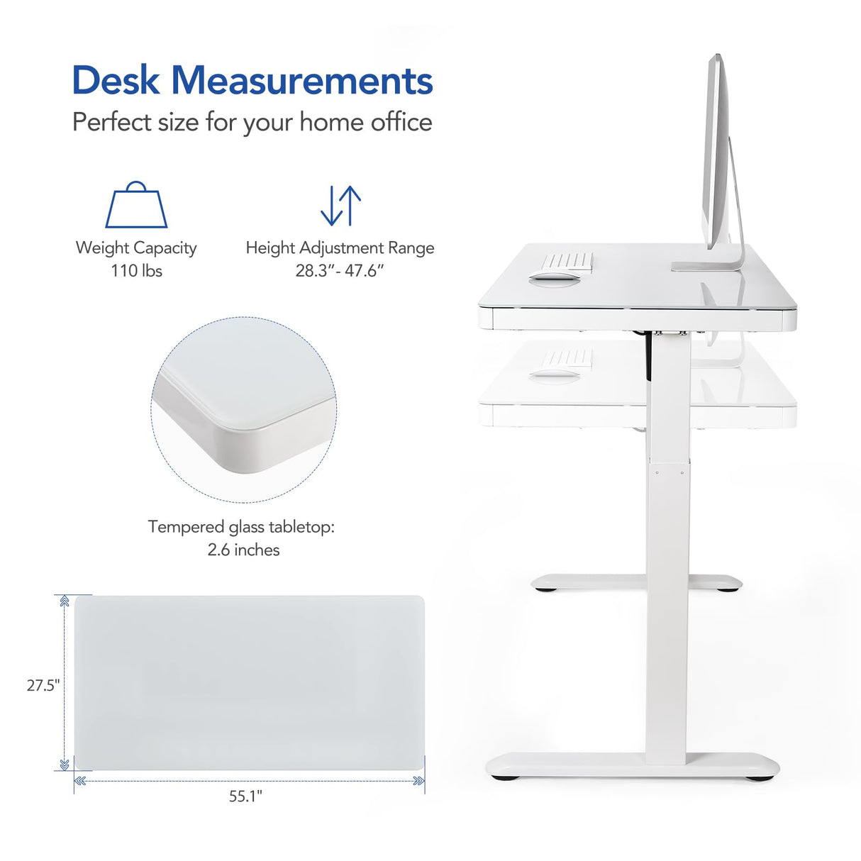 SANODESK Standing Desk with Drawer, Electric Height Adjustable Home Office Desk with Storage & USB Ports, 55 inch White Wood Tabletop/White Frame SANODESK