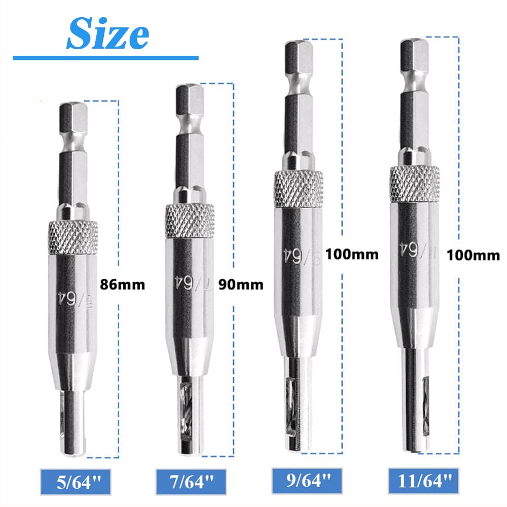 Eyech 4Pcs HSS Door Window Cabinet Self Centering Hinge Drill Bits Set Center Hinge Drill Bit Mill Tool for Opening Hole-5/64 Inch 7/64 Inch 9/64 Inch 11/64 Inch Eyech