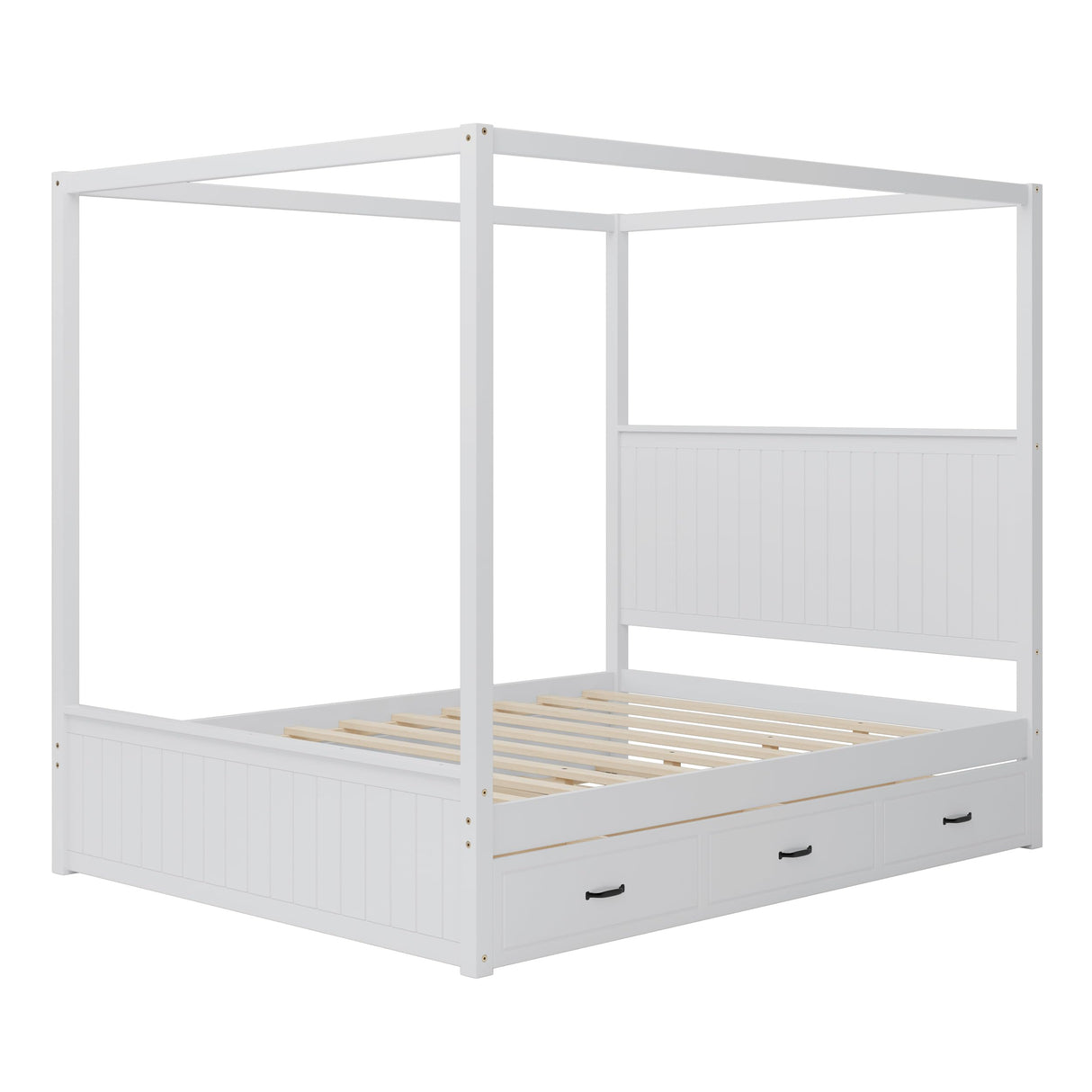 JIJIWANG Queen Size Canopy Platform Bed with Drawers and Trundle for Saving Space Solid Wood Bed Frame with 4 Poster and Headboard, White JIJIWANG