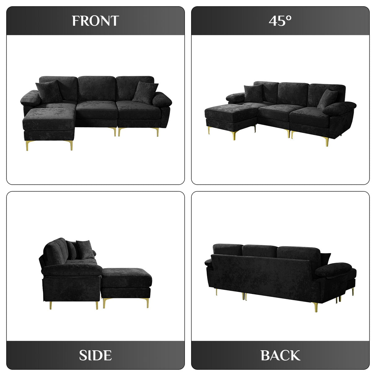 OUYESSIR L Shaped Sectional Sofa Couch, 3 Seat Velvet Sofa with Ottoman and Pillows, Upholstered Comfy Couch Sleeper for Living Room, Bedroom, 91 inches (Black) OUYESSIR