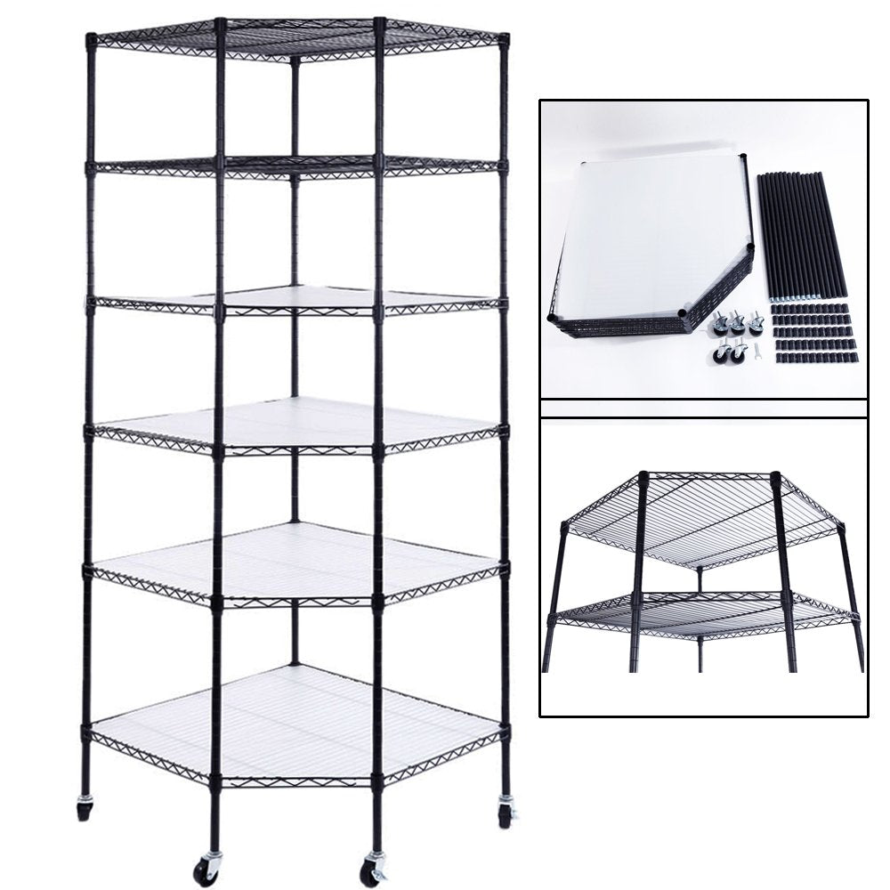 Bonnlo 6-Tier Rolling Heavy Duty Commercial Polygonal Corner Shelf Wire Shelving Unit Adjustable Storage Rack Free Standing Garage with 5 Wheels 26 4/5" L x 26 4/5" W x 71" H Inches (Black) Bonnlo