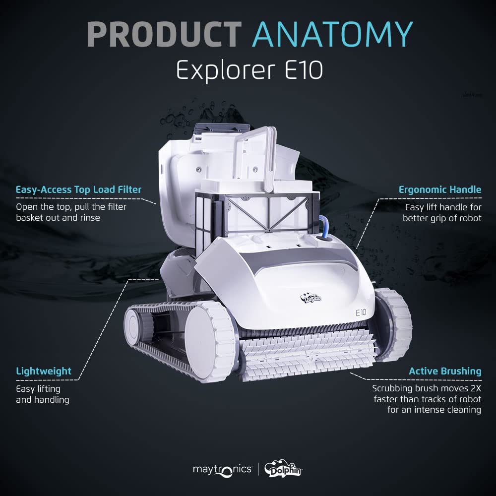 Dolphin (2025 Model) E10 Automatic Robotic Pool Vacuum Cleaner, Active Scrubber Brush, Top Load Filters Access, Ideal for Above-Ground Pools up to 30 FT in Length Dolphin
