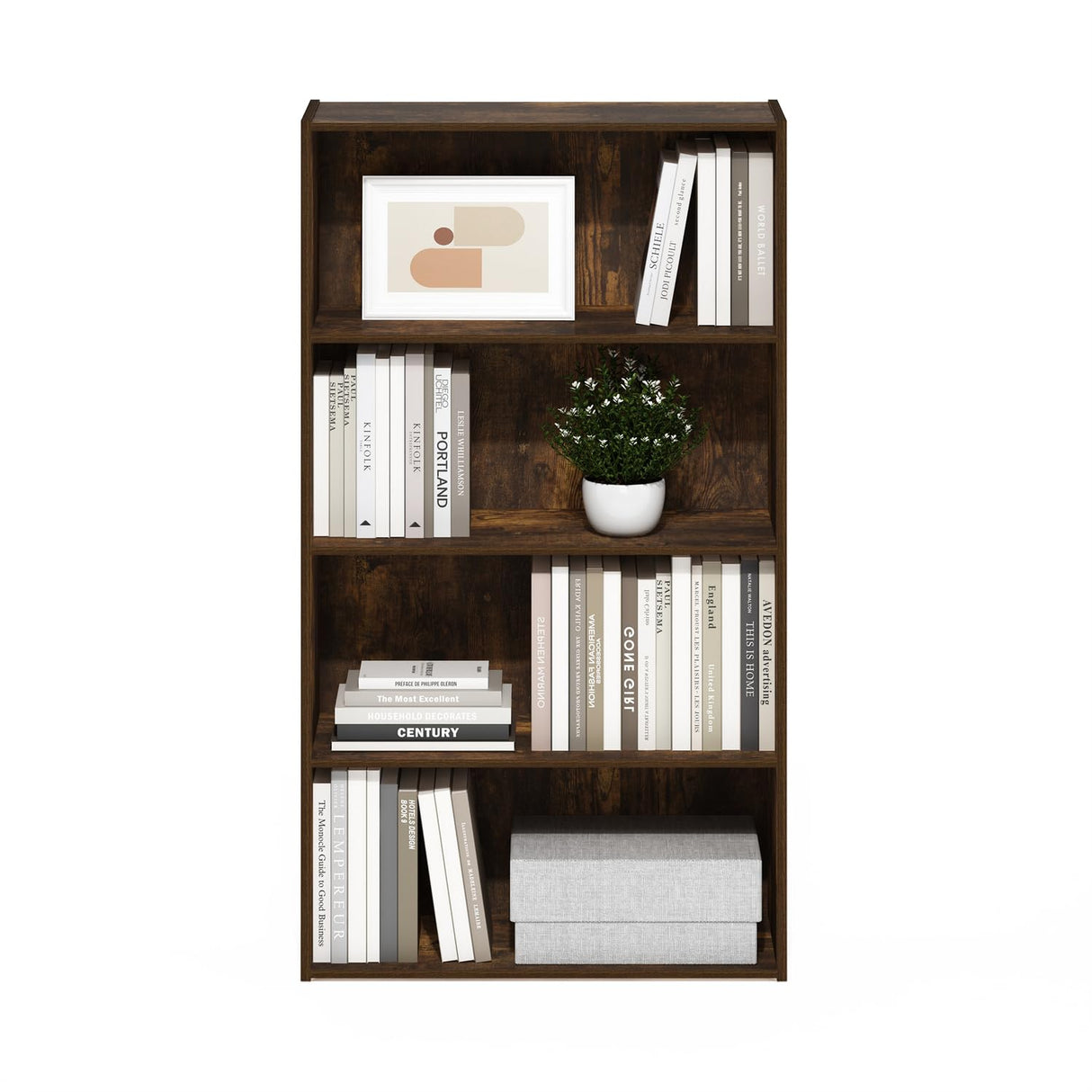 Furinno PASIR Book Shelf, 4-Tier Bookshelf, Bookcase with Open Shelf, 9.4 x 23.6 x 41.7, for Living Room, Bedroom, Home Office, Amber Pine