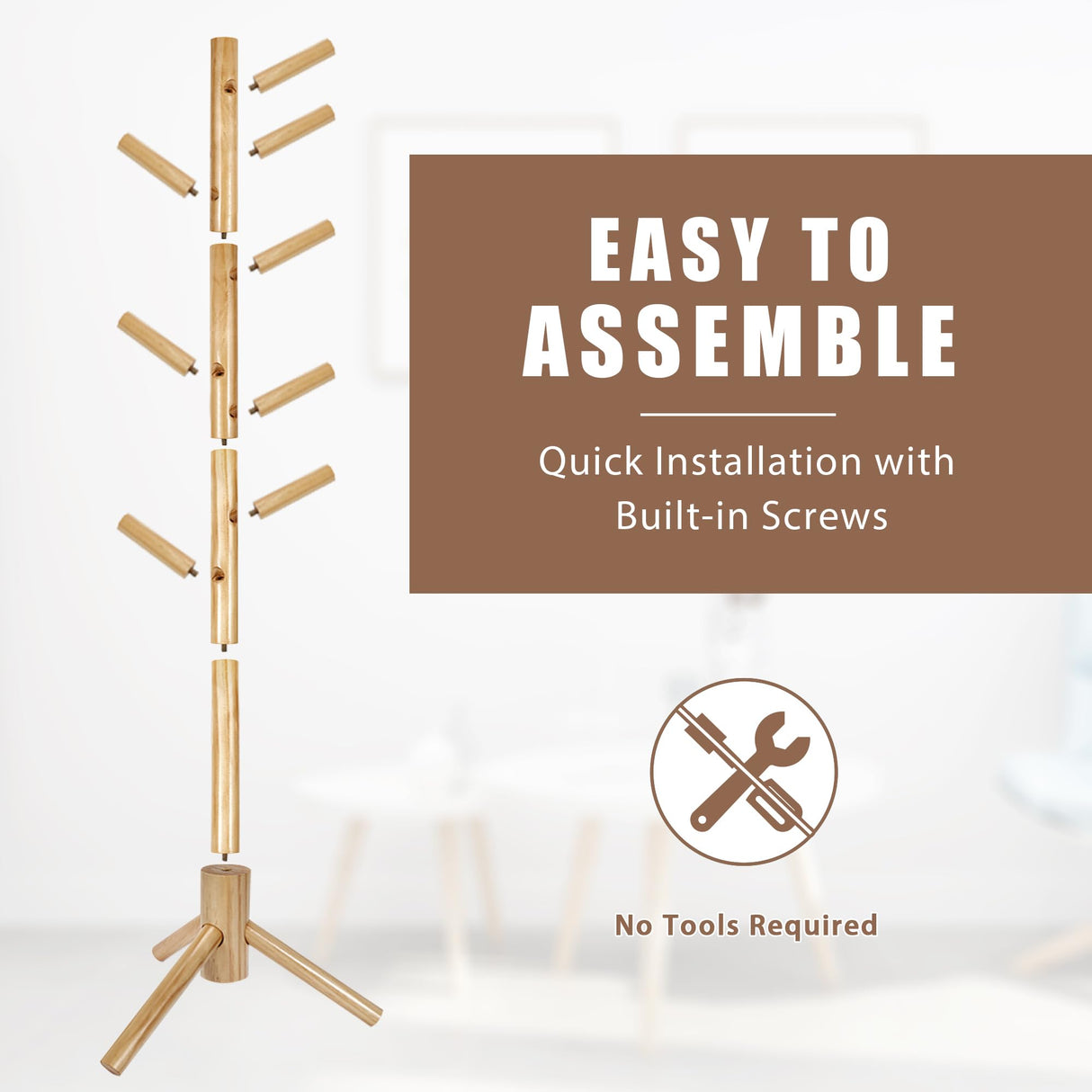 Haddockway Wooden Coat Rack Stand with 8 Hooks New Zealand Pine 3 Adjustable Coat Standing Tree Easy Assembly for Coats, Hats, Scarves and Handbags for Entryway, Hallway, Bedroom, Office Haddockway