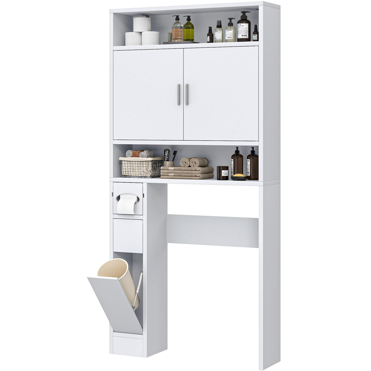 YITAHOME Over The Toilet Storage, Bathroom Storage Over The Toilet, Bathroom Cabinet with Adjustable Shelves, Double Doors, Trash Can Placement Ring, Tissue Box Holder for Bathroom (White) YITAHOME