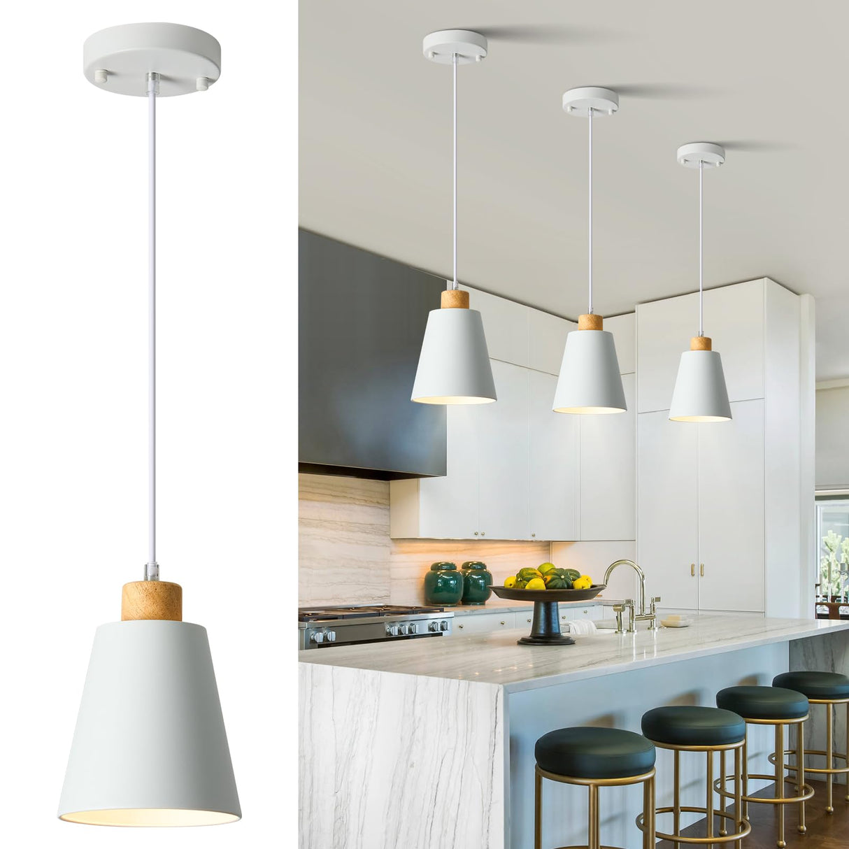 LAMKNVS Mini Pendant Light Fixtures White Wood Pendant Lighting for Kitchen Island 7.87in Cone Modern Ceiling Hanging Lights Hollow Shade Nordic Island Light for Counter, Bar, Hallway LAMKNVS