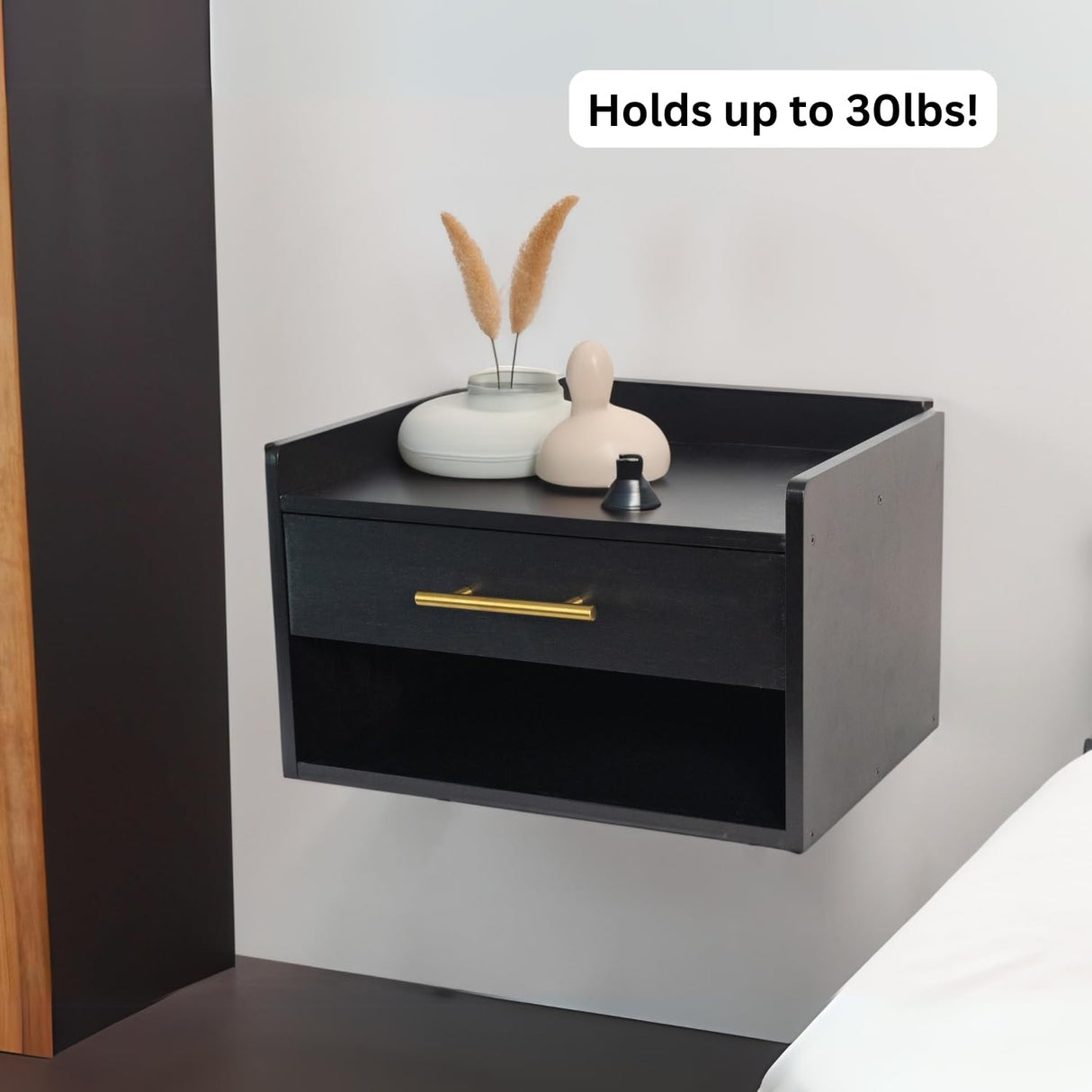TSG Modern Floating Nightstand with Drawer, Black Wood Finish, Modern Night Stand with Gold Hardware, Enclosed Drawer and Open Shelf, Easy Assembly & Install, Strong Bamboo with Top Shelf Edge Guard TSG Modern