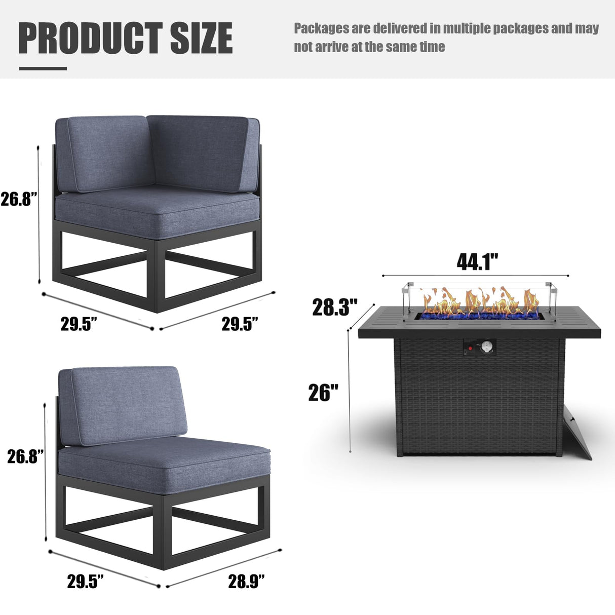 LayinSun Large Aluminum Patio Furniture Set with Fire Pit Table, 6 Pieces Modern Outdoor Conversation Set Sectional Metal Sofa Set with Olefin Cushion LayinSun