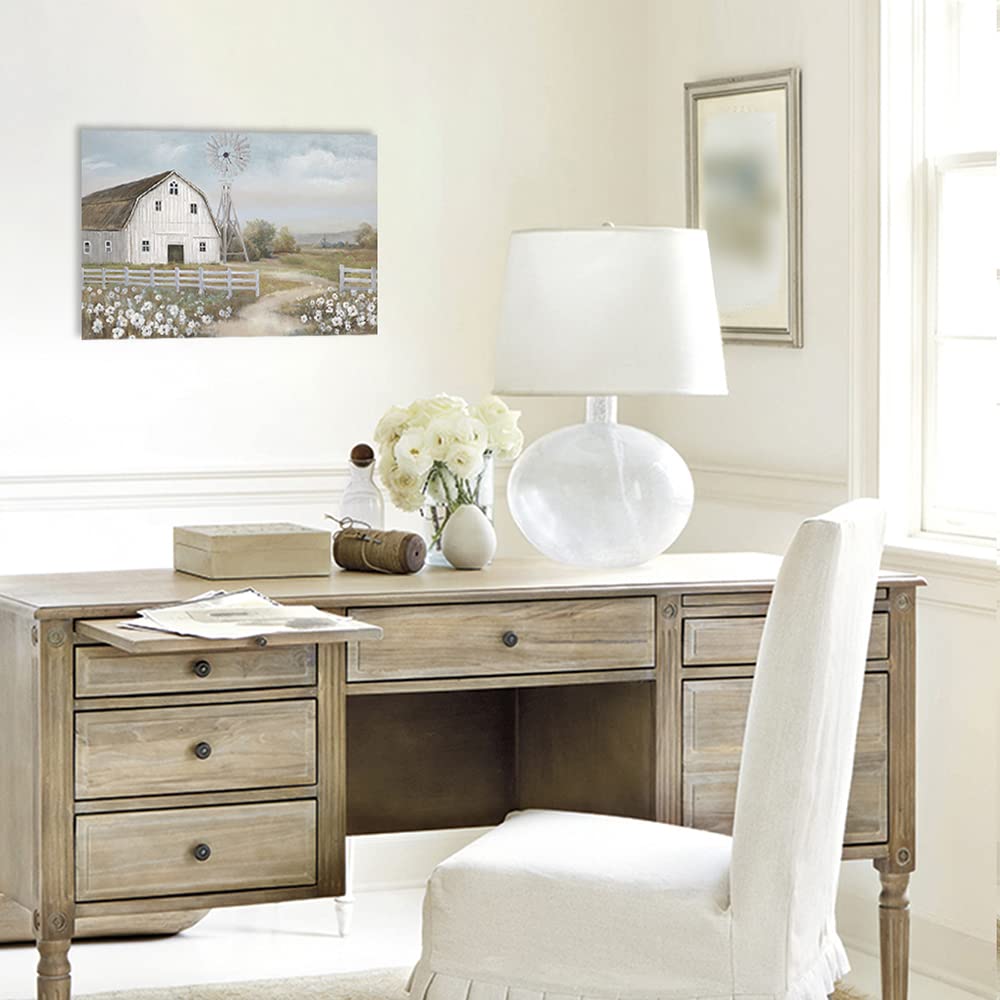 Barn Prints Farmhouse Old Barn Wall Art Handpainted Barn Painting Barn and Flowers Wall Decor Rustic Bedroom Wall Decor Farmhouse Barn Windmills Art for Bathroom Bedroom Living Room Framed Ready to Hang(24"x 16" ) Kunstorner