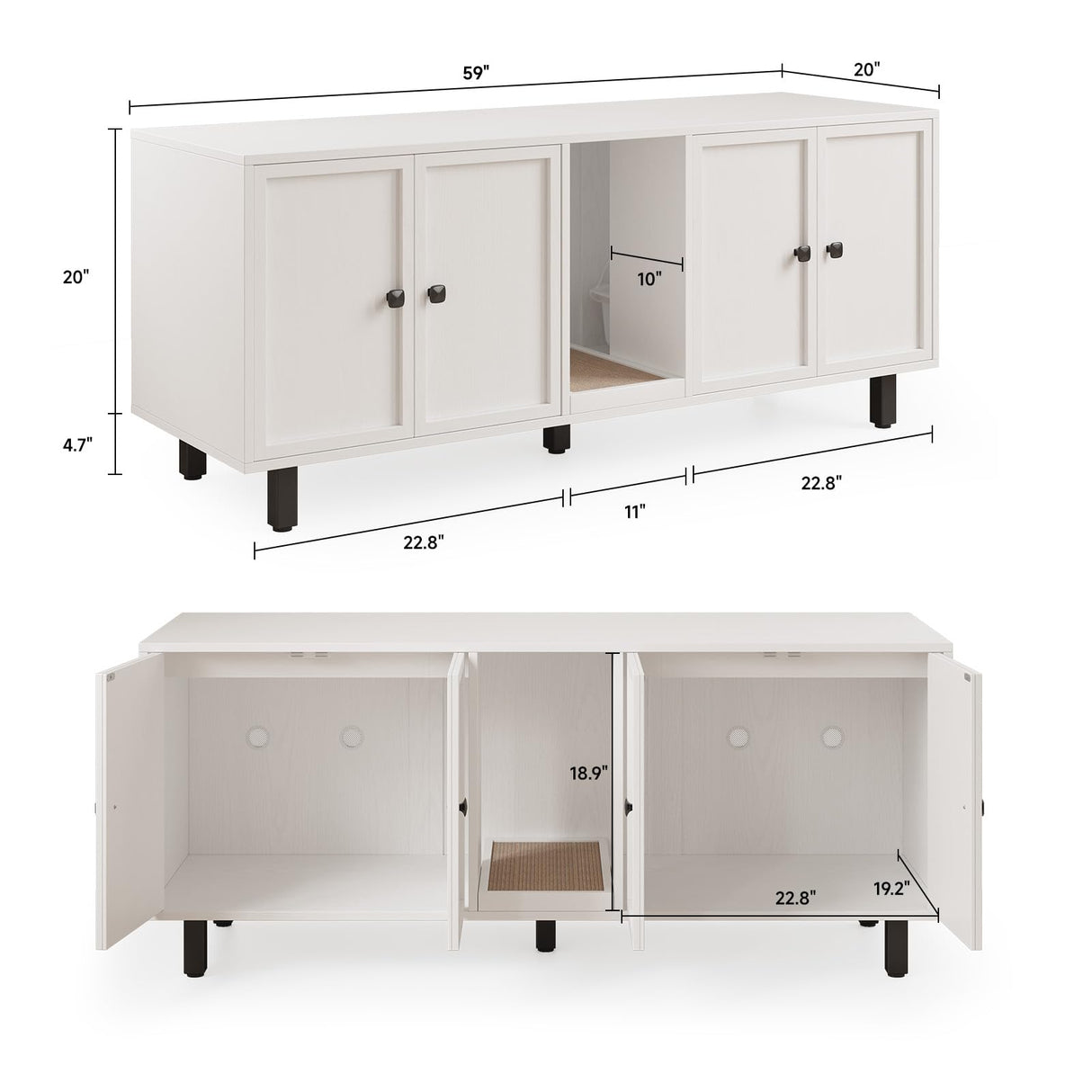 ONBRILL 59 Inches Cat Litter Box Enclosure for 2 Cats, Hidden Litter Boxes Furniture with Cat Scratch Pad, Large Indoor Pet House with Double Room, Wooden TV Stand Side Table, Off White ONBRILL