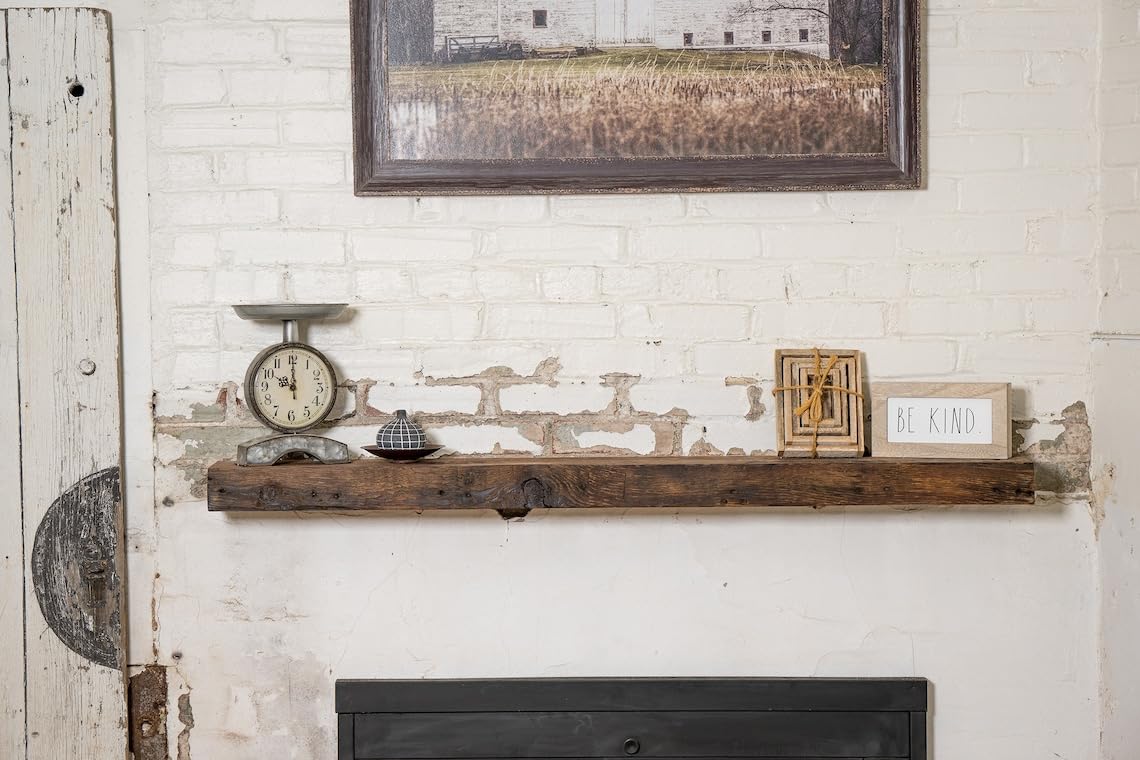 Modern Timber Craft Reclaimed Wood Fireplace Mantel Shelf | Solid Rustic American Barnwood with Floating Shelf Brackets | 2.75" Thickness | 54" L x 8" D, Unfinished Modern Timber Craft