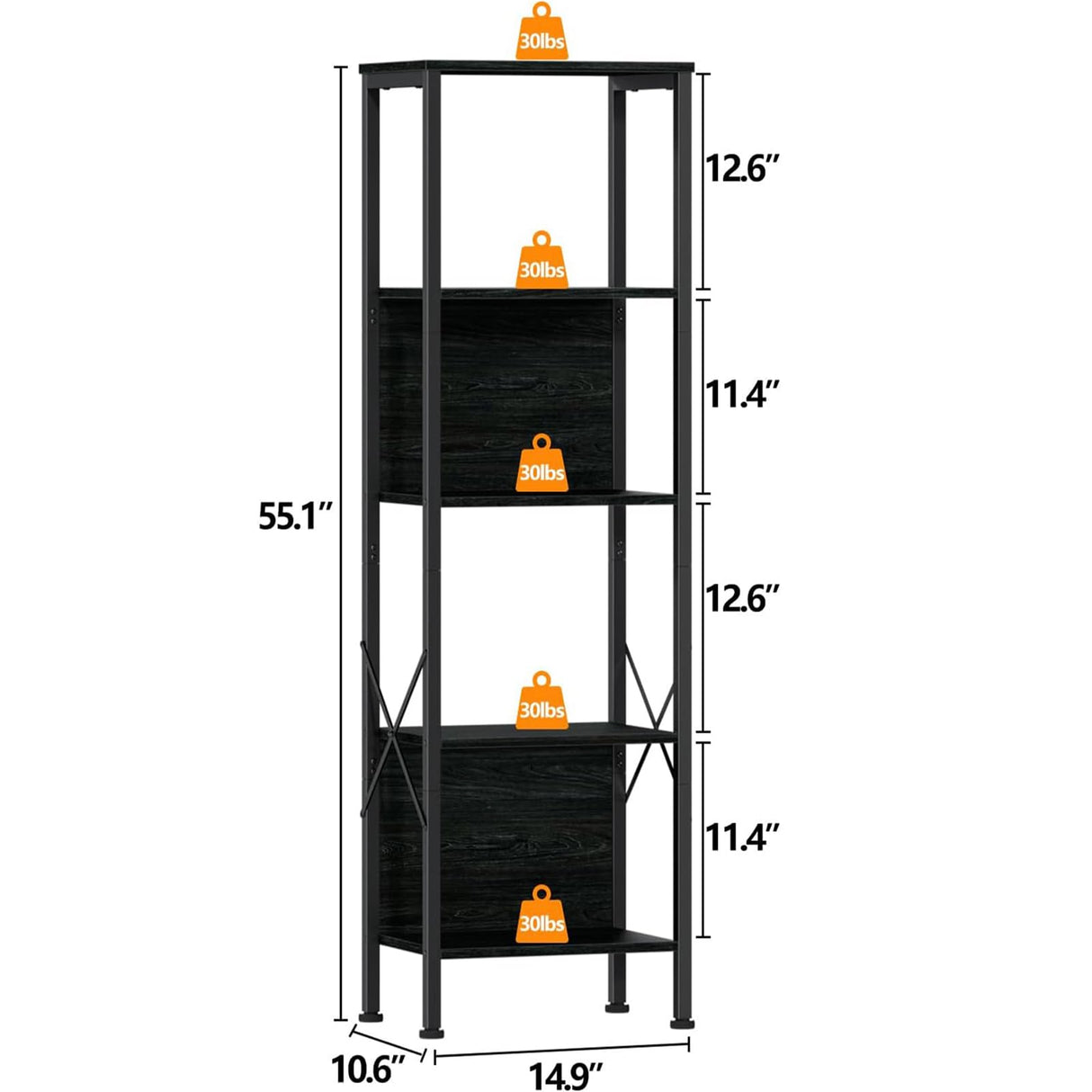 Furologee 5 Tier Tall Bookshelf with Back, Industrial Narrow Bookcase, Display Standing Shelf Units, Metal and Wood Storage Corner Shelves Organizer for Bedroom, Living Room, Entryway, Kitchen, Black Furologee