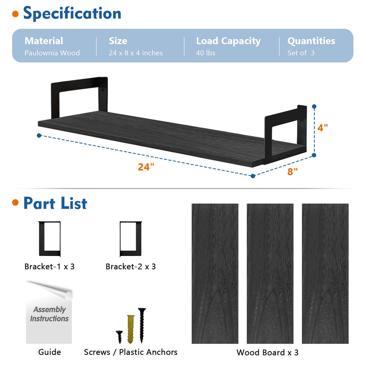 Harwaya 24 Inch Floating Shelves for Wall Set of 3, Wall Mounted Bookshelf, 8 Inches Deep Hanging Book Shelves for Living Room Bedroom Office Decor Closet Storage (Black) Harwaya