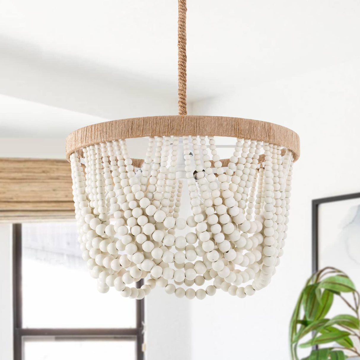 VILUXY Bohemia Wood Beaded Pendant Lights Antique Rustic Mini Chandelier White Finishing for Bedroom, Nursery Room, Girl Room, Hallway, Entryway, Passway, Dining Room, 3-Light VILUXY