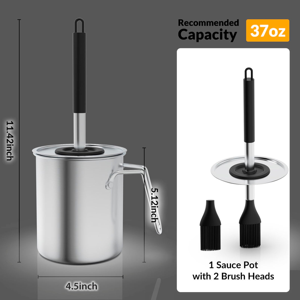 Geesta Adjustable Sauce Pot and Basting Brush Set, Long Stainless Steel Basting Brush for Cooking, Smoking, Fathers Day Grilling Gifts for Men Smoker Accessories, Large Capacity Grilling Tools, 1 Pack Geesta