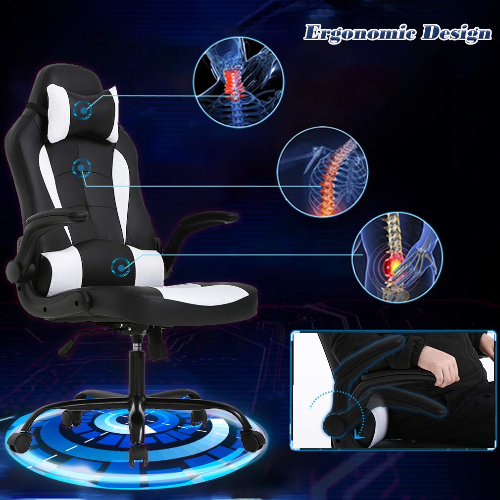 BestOffice PC Gaming Chair Ergonomic Office Chair Desk Chair with Lumbar Support Flip Up Arms Headrest PU Leather Executive High Back Computer Chair for Adults Women Men (White) BestOffice