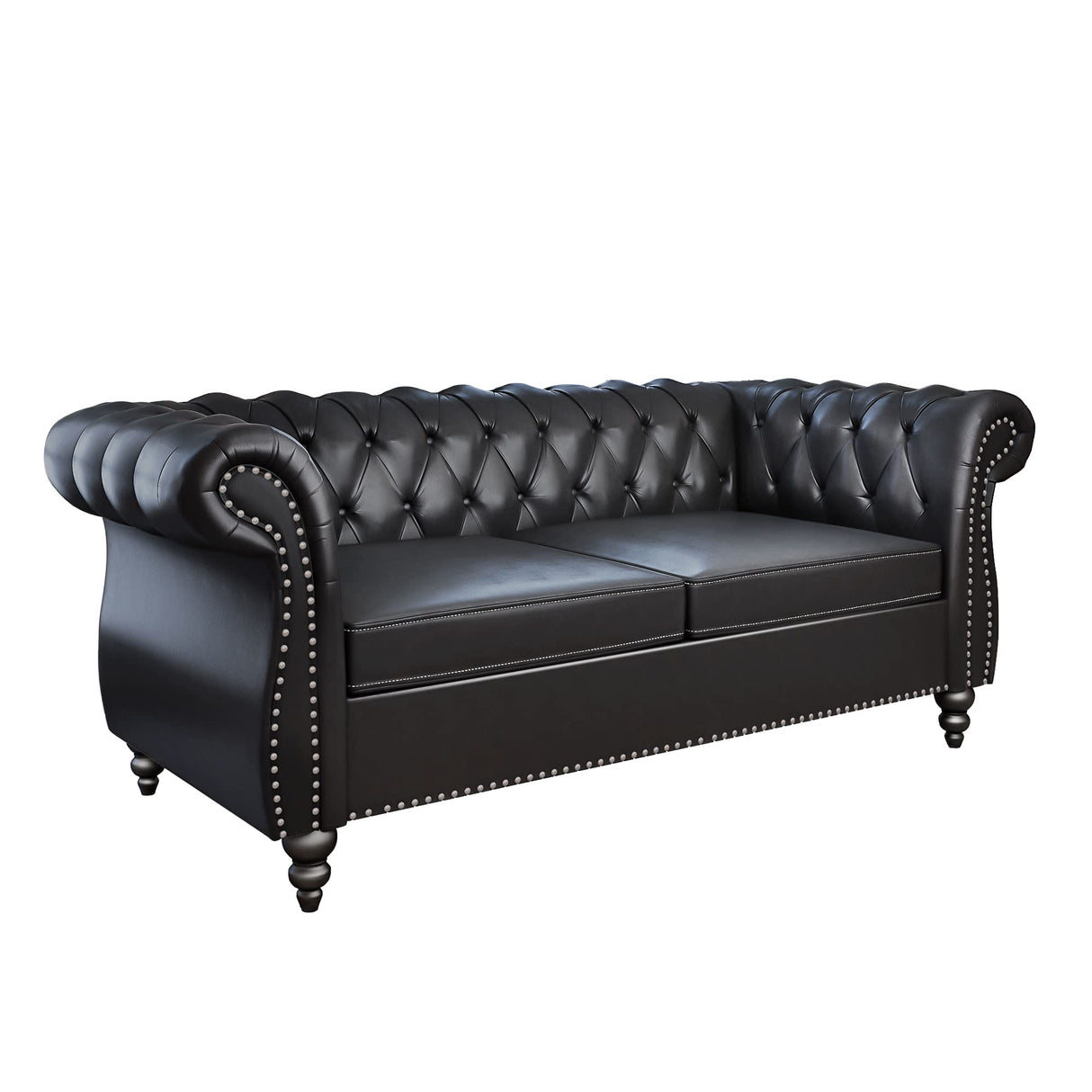 Chesterfield Loveseat, Modern Leather Sofa Tufted Couch 2 Seater with Rolled Arms and Nailhead for Living Room, Bedroom, Office, Apartment (Black) ORRD
