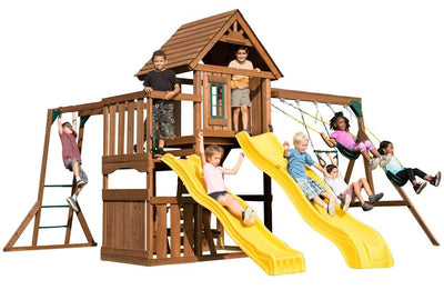 Swing-N-Slide WS 8356 Wooden Timberview Play Set with Two Slides, Monkey Bars, Wood Roof, Climbing Wall and Swings, Wood , Brown