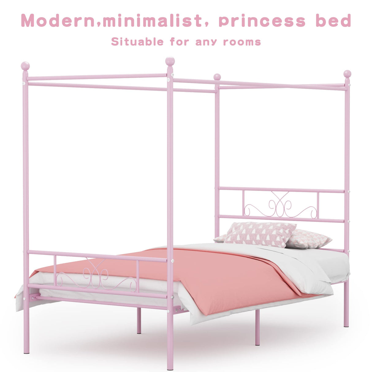 Weehom Twin Canopy Bed Frame with Headboard and Footboard, 4 Posters Metal Bed Frame, No Box Spring Needed, Mattress Foundation Platform Bed for Kids and Adults, Pink Weehom