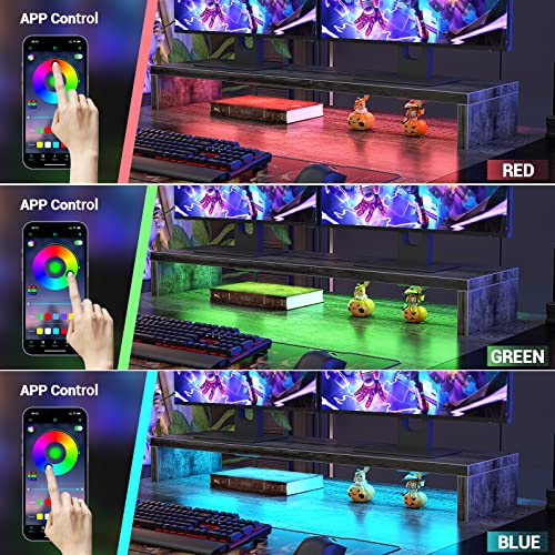 armocity Computer Desk with LED Lights, 55 Inch Desk with Power Outlet and USB, Reversible Large Desk with Moveable Monitor Stand, 55.2'' Gaming PC Table for Home Office, Workstation, Grey and Black armocity