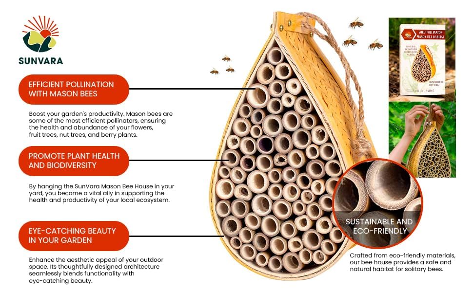 SunVara Mason Bee House for Pollinator Bees Gardering Gifts Bee Hotel SunVara