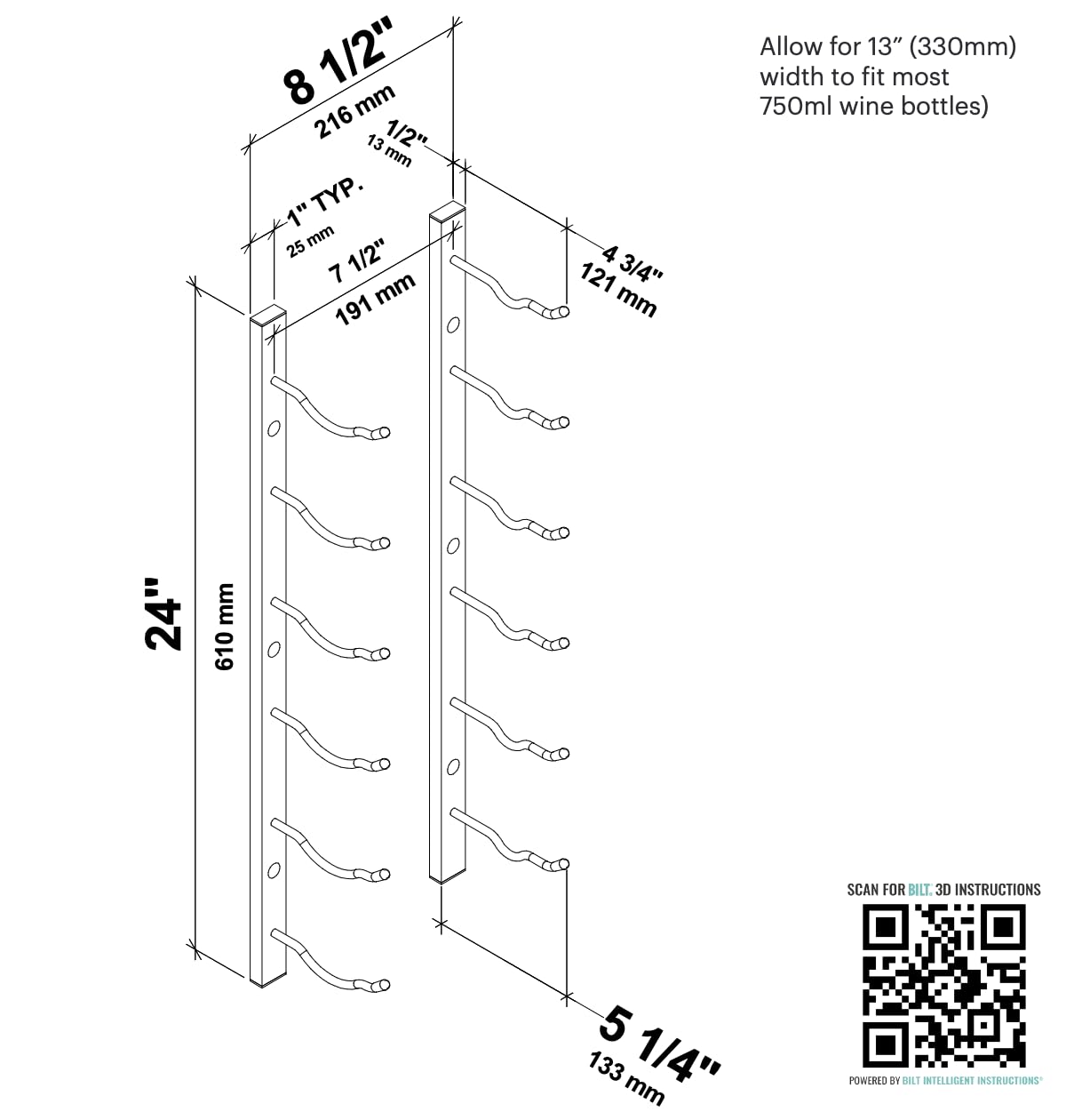 VintageView W Series Wine Rack 2 - Single Depth, Metal Wall Mounted Wine Rack - Modern, Easy Access Wine Storage - Space Saving Wine Rack with 6 Bottle Storage Capacity (Matte Black) VintageView