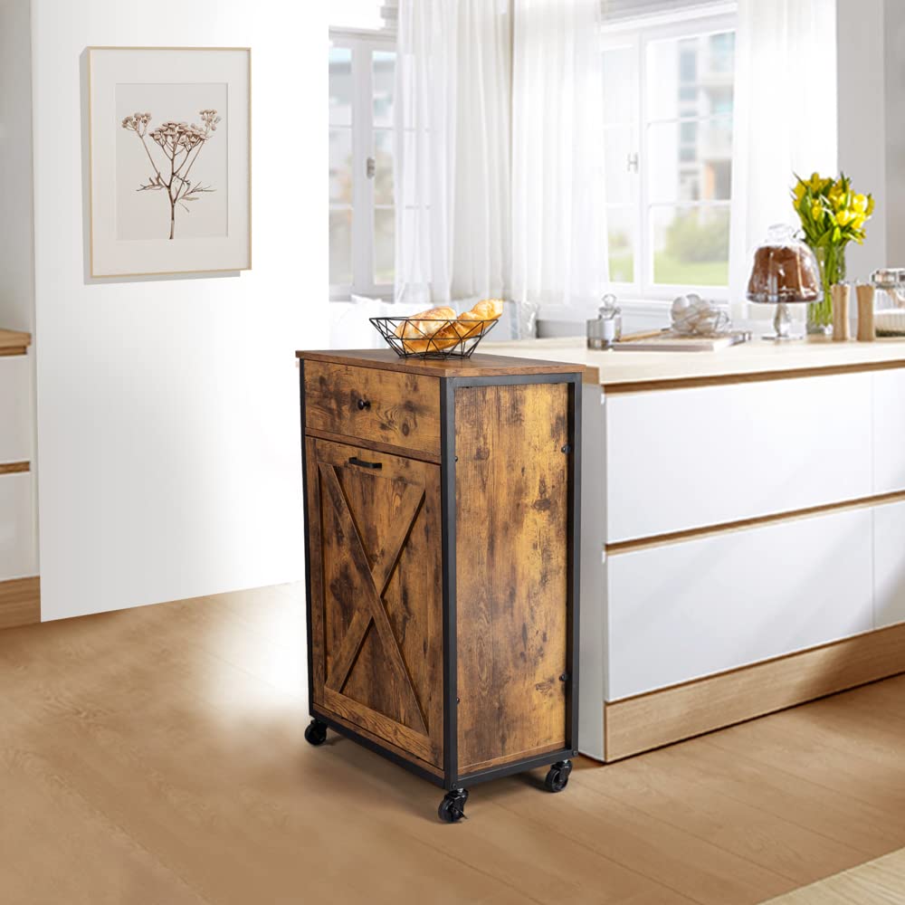 VINGLI Tilt Out Trash Cabinet, Wood Hidden Trash Can Kitchen Cabinet with Drawer, 10 Gallon Movable/Freestanding Pet Proof Storage Organizer, Laundry Basket Living Room Storage, Rustic Brown VINGLI