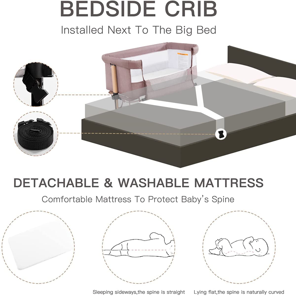 Baby Crib,3 in 1 Baby Bassinet Bedside Crib Adjustable Portable Bed for Infant,Baby Newborn Must Have Bed,Khaki Soobaby