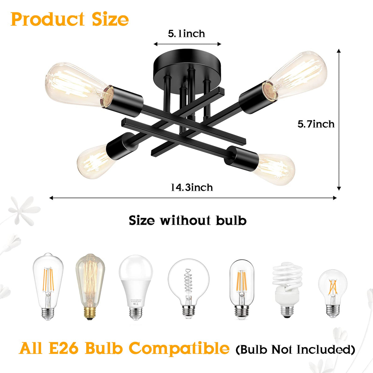 TOBUSA Semi Flush Mount Ceiling Light Fixture Matte Black, Modern Sputnik Close to Ceiling Light, Chandelier Light Fixture Ceiling for Bedroom Kitchen Living Room Dining Room, 4 Light E26 Socket TOBUSA