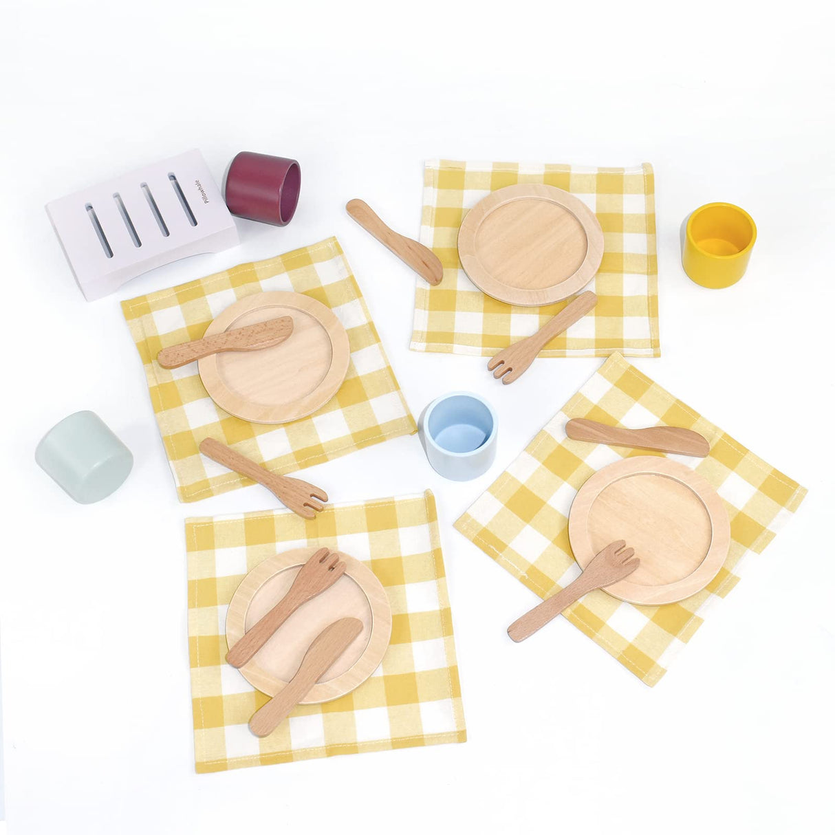 Pillowhale Wooden Toy Plates and Dishes Set,Play Kitchen Cutlery and Plate Set,21Piece Kids Kitchen Playset Accessories for Toddlers Boys Girls Ages 3+ Pillowhale